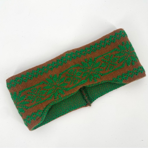 Vintage Classic Winter Snowflake Knit Wide Headband Brown & Green Ear Warmer - Picture 2 of 6